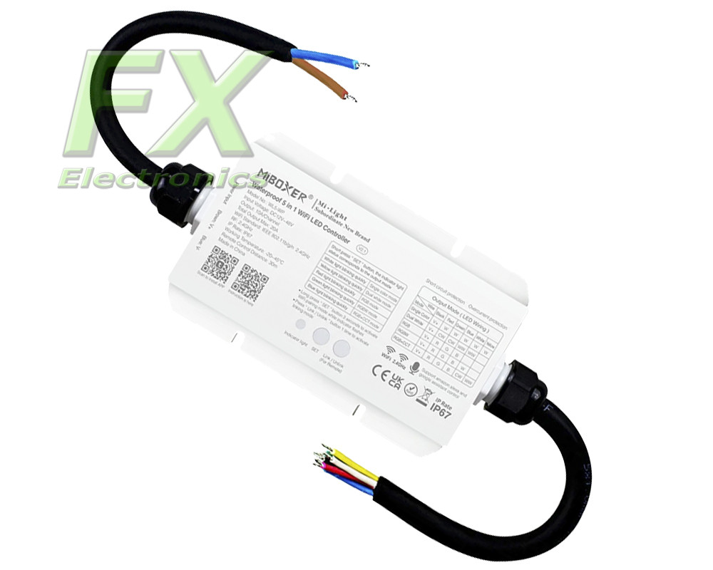 MiBoxer odbiornik strefowy wodoodporny IP67 do taśm LED 5w1 MONO/CCT/RGB/RGBW/RGB+CCT WiFi+2.4G Tuya max 15A 12-48V WL5-WP